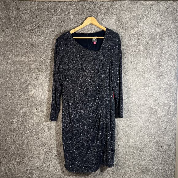 Vince Camuto Plus Size 16W Metallic V-Neck Ruched Dress Blue Long Sleeve Midi - Picture 1 of 13